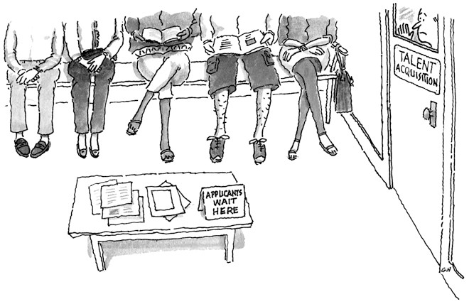 Illustration of applicants waiting in an office.