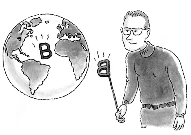 Illustration of man branding the globe with the letter "B"