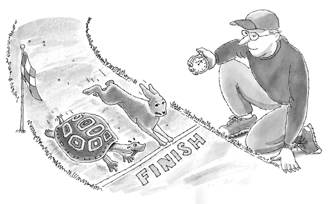 Illustration of man with stop watch observing a tortoise and hare crossing the finish line.
