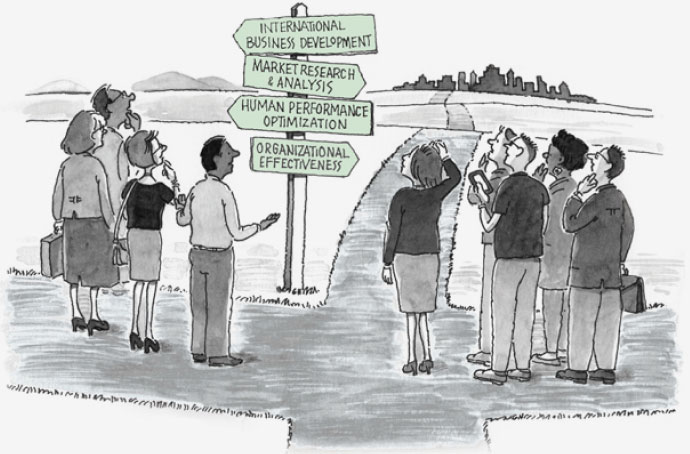 Cartoon of people at a crossroads looking at signs.